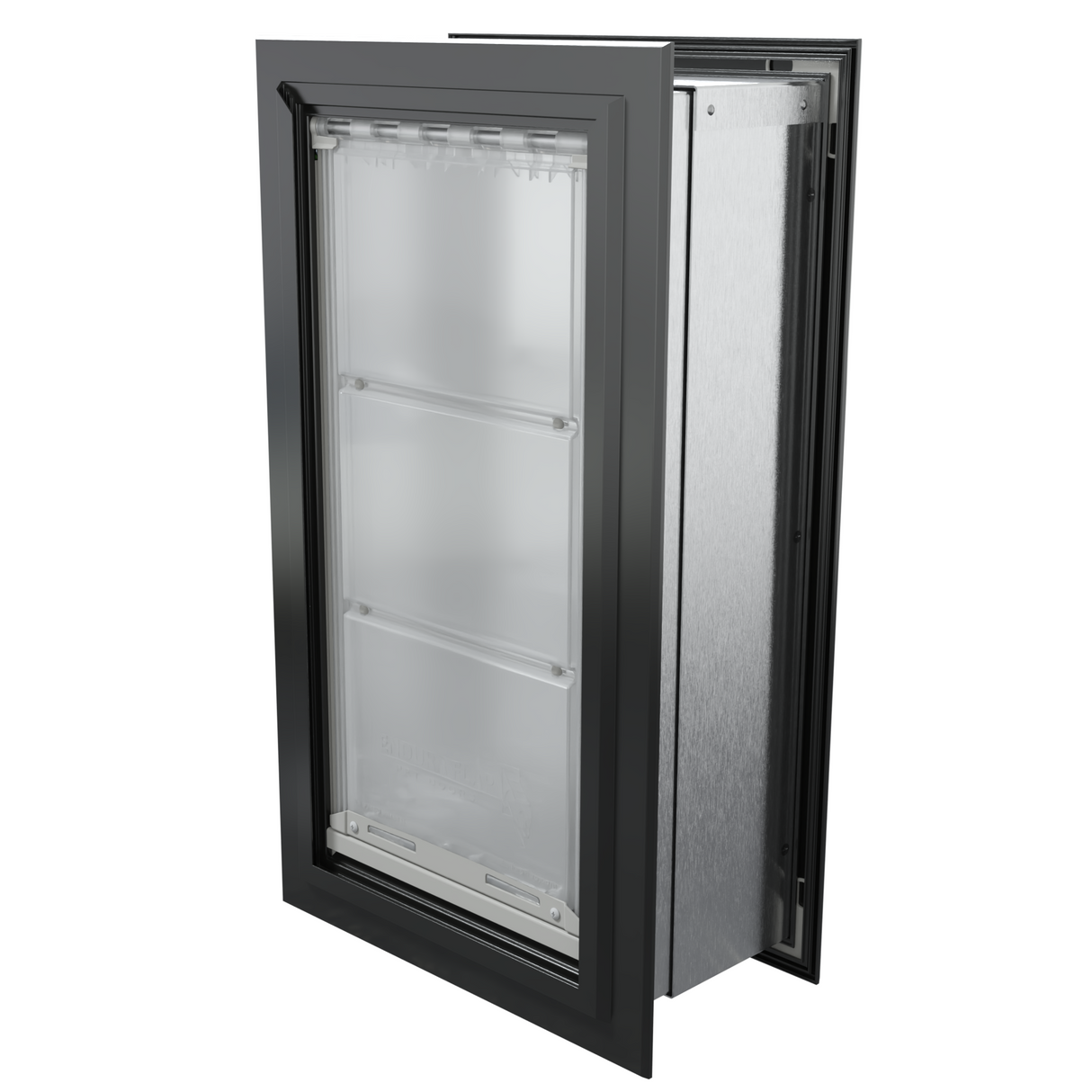 Angled view of a closed, black endura flap double flap wall mount pet door. This double flap dog door is one of the best dog doors for walls for insulation.