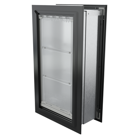 Angled view of a closed, black endura flap double flap wall mount pet door. This double flap dog door is one of the best dog doors for walls for insulation.