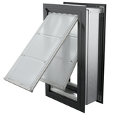 Angled view of an open, black Endura Flap double flap wall mount pet door. This extreme weather dog door for wall provides excellent insulation.
