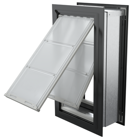 Angled view of an open, black Endura Flap double flap wall mount pet door. This extreme weather dog door for wall provides excellent insulation.