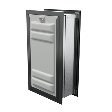 Angled view of a black endura flap pet door for wall with a locking cover. This secure wall dog door, a best dog door contender, offers excellent insulation as a double flap dog door.