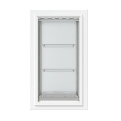 Front view of a white, double flap Endura Flap dog door for wall. Consider this large dog door for wall for energy efficiency.
