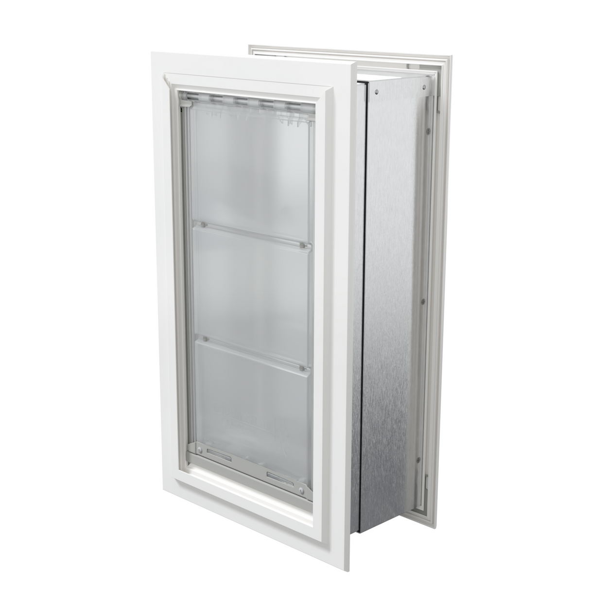 Angled view of a closed, white endura flap double flap wall mount pet door. This double flap dog door is one of the best dog doors for walls for insulation.