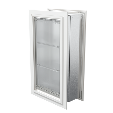 Angled view of a closed, white endura flap double flap wall mount pet door. This double flap dog door is one of the best dog doors for walls for insulation.