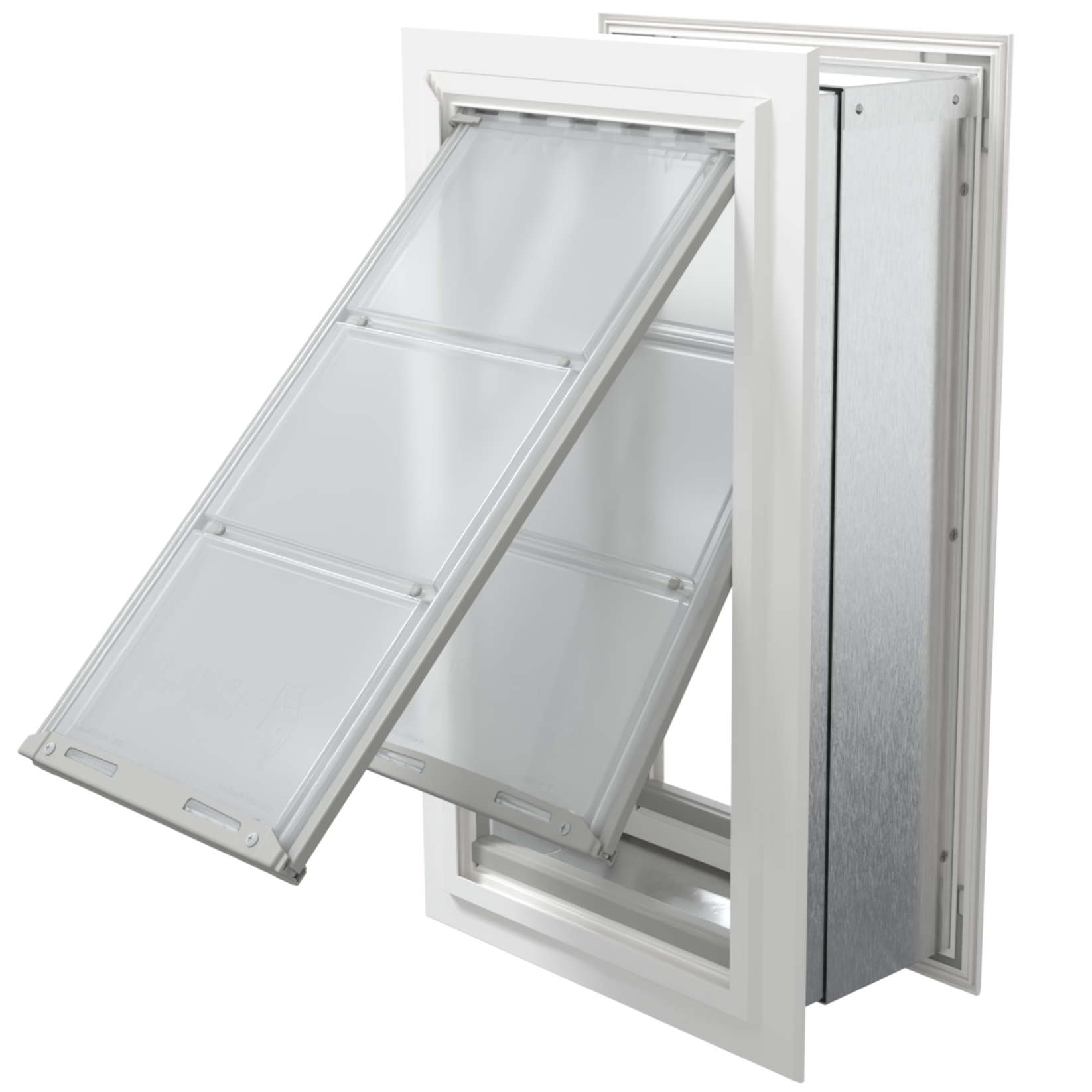 Angled view of an open, white Endura Flap double flap wall mount pet door. This insulated dog door for wall is ideal for energy efficiency.