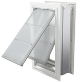 Angled view of an open, white Endura Flap double flap wall mount pet door. This insulated dog door for wall is ideal for energy efficiency.