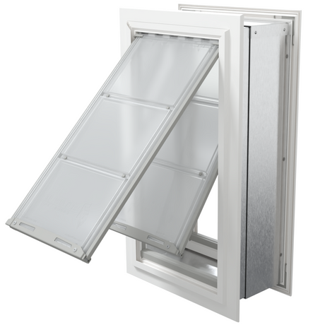 Angled view of an open, white Endura Flap double flap wall mount pet door. This insulated dog door for wall is ideal for energy efficiency.