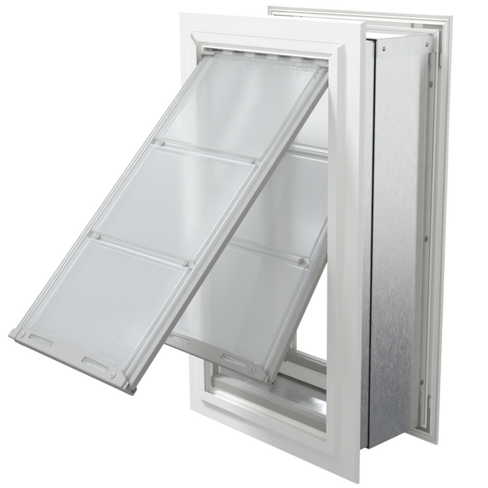 Angled view of an open, white Endura Flap double flap wall mount pet door. This insulated dog door for wall is ideal for energy efficiency.