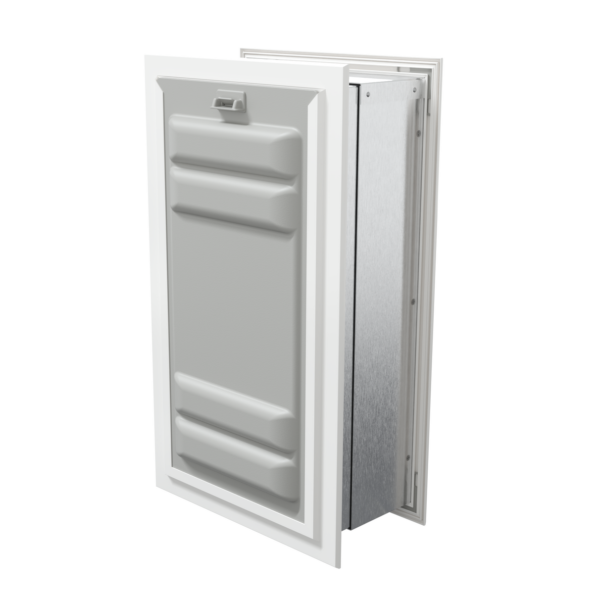 Angled view of a white endura flap pet door for wall with a locking cover. This secure wall dog door is a best pet door option.