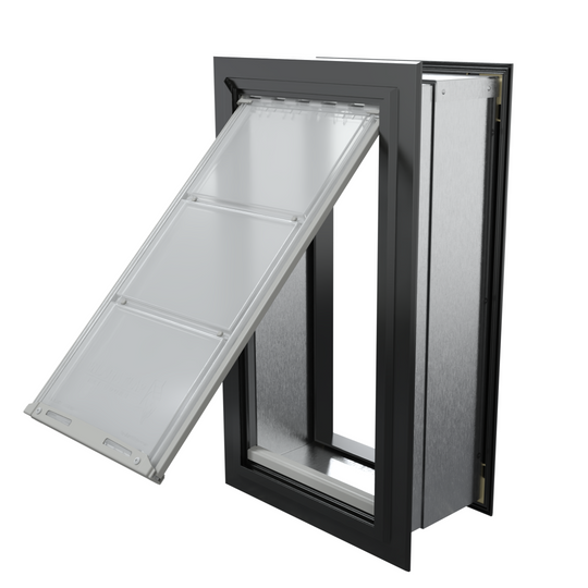 Angled view of an open, black Endura Flap single flap wall mount pet door. This through wall dog door offers easy pet access.