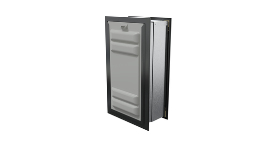 Angled view of a black endura flap pet door for wall with the locking cover. This secure wall dog door provides added safety for your pet door.