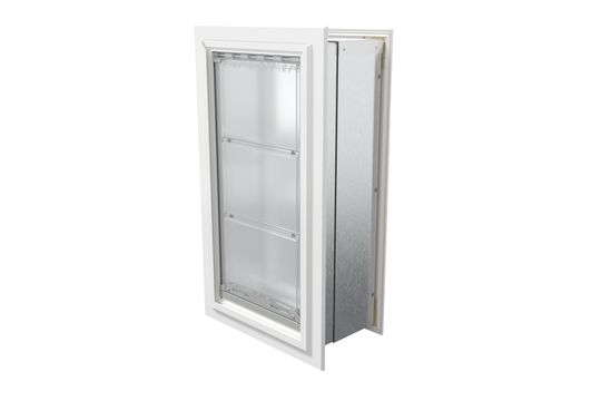 Angled view of a closed, white Endura Flap single flap wall mount pet door. This energy-efficient endura flap dog door is ideal for dog doors for walls.