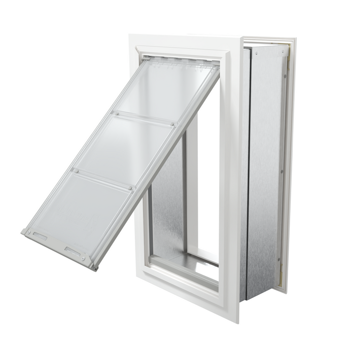 Angled view of an open, white Endura Flap single flap wall mount pet door. This dog door for wall is a best dog door option for easy pet access.