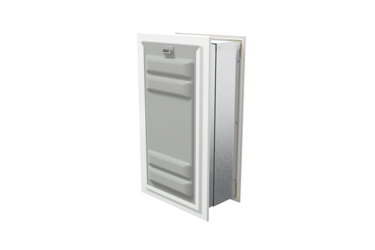 Angled view of a white endura flap pet door for wall with the locking cover. This secure wall dog door provides added safety for your pet door.