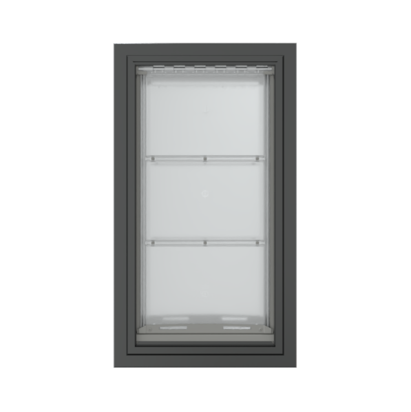 Front view of a black, double flap Endura Flap dog door for wall. Consider this insulated dog door for excellent energy savings for larger breeds.