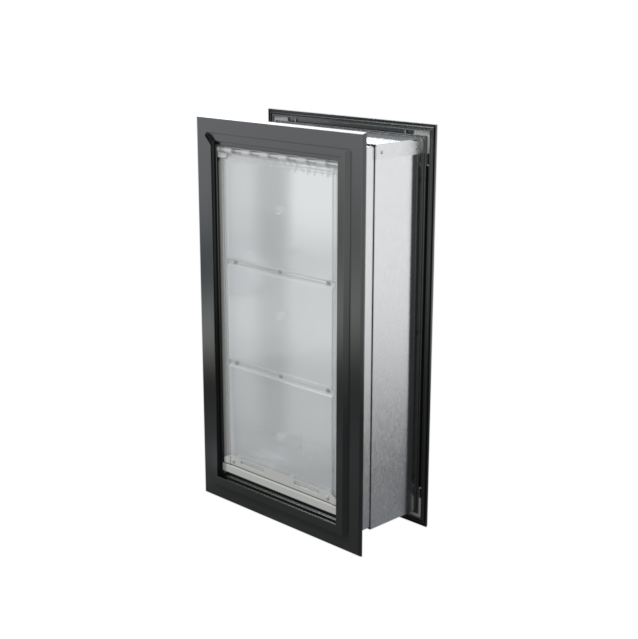Angled view of a closed, black endura flap pet door for wall. This extreme weather dog door for wall provides superior insulation for large dog doors for walls.
