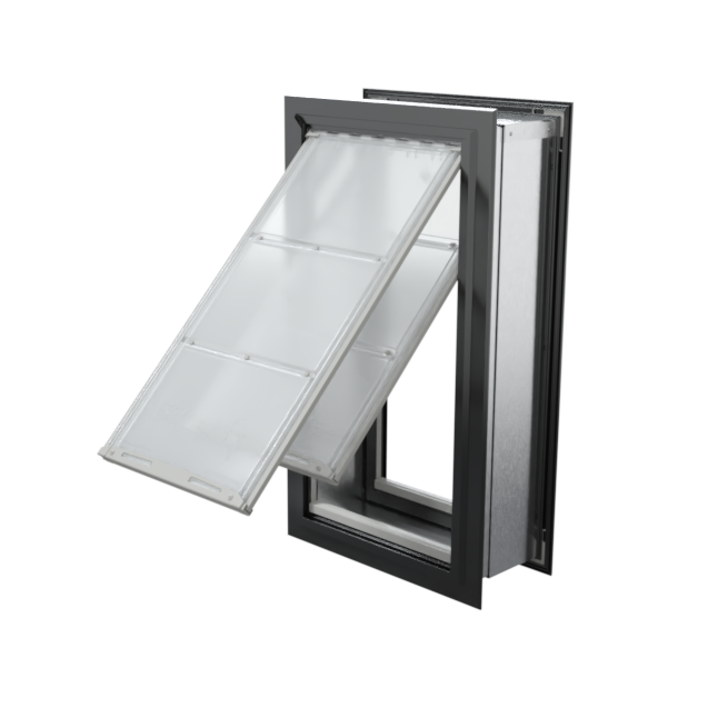 Angled view of an open, black Endura Flap double flap wall mount pet door. This extra large dog door for wall offers excellent insulation.