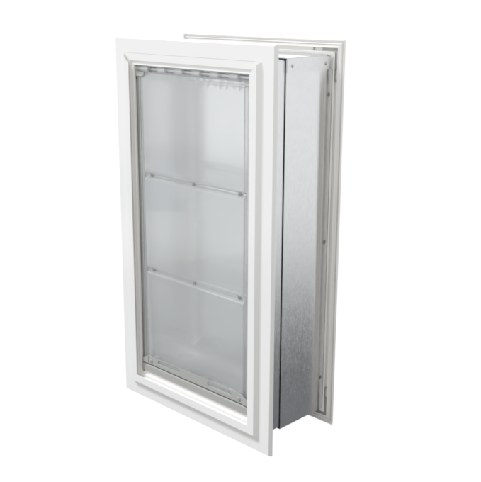 Angled view of a closed, white endura flap pet door for wall. This extreme weather dog door for wall provides superior insulation.