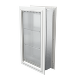 Angled view of a closed, white endura flap pet door for wall. This extreme weather dog door for wall provides superior insulation.