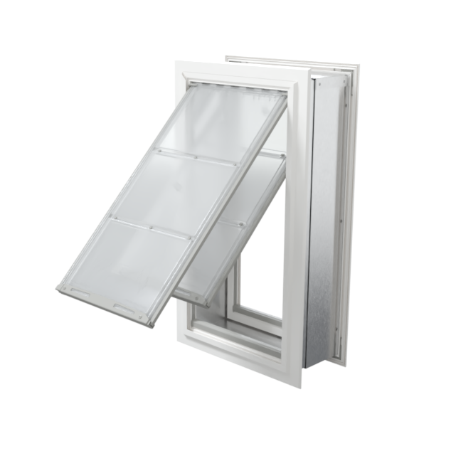 Angled view of an open, white Endura Flap double flap wall mount pet door. This large dog door for wall offers excellent insulation.