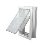 Angled view of an open, white Endura Flap double flap wall mount pet door. This large dog door for wall offers excellent insulation.
