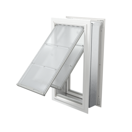 Angled view of an open, white Endura Flap double flap wall mount pet door. This large dog door for wall offers excellent insulation.