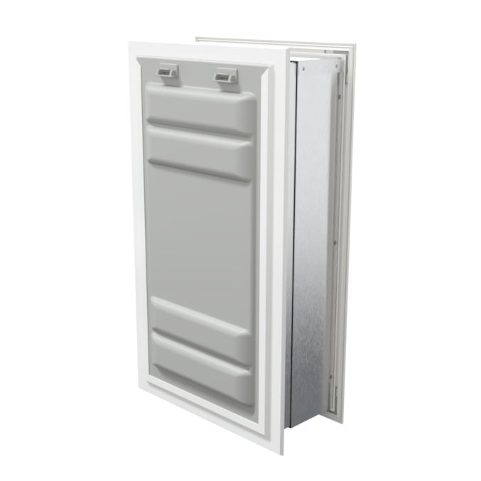 Angled view of a white endura flap pet door for wall with a locking cover. This secure wall dog door is a best dog door for large dogs.