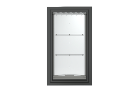 Front view of a black, single flap Endura Flap dog door for wall. This durable wall dog door is a great choice among dog doors for walls.