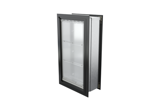 Angled view of a closed, black Endura Flap single flap in wall pet door. This energy-efficient endura flap is great for dog doors.
