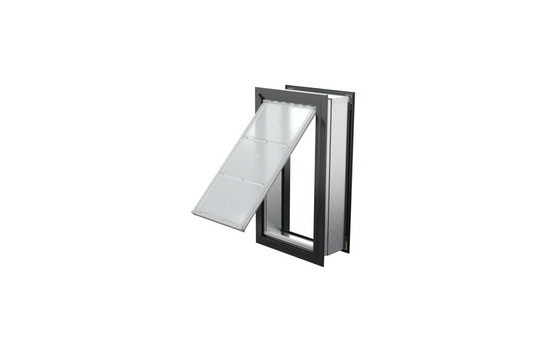 Angled view of an open, black Endura Flap single flap in wall dog door. This dog door in wall is a convenient pet door for wall.