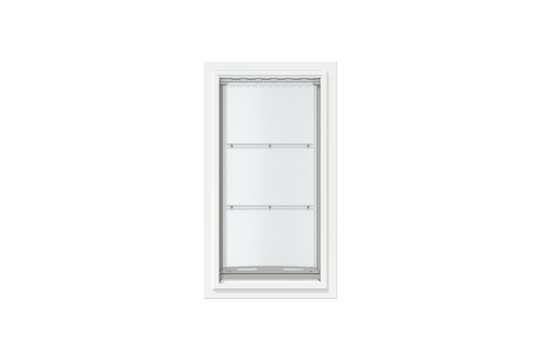 Front view of a white, single flap Endura Flap dog door for wall. Looking for dog doors for walls? Consider this reliable wall dog door.