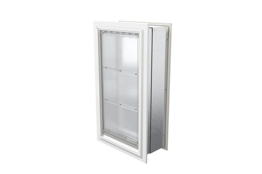 Angled view of a closed, white Endura Flap single flap in wall pet door. This energy-efficient endura flap is great for dog doors.