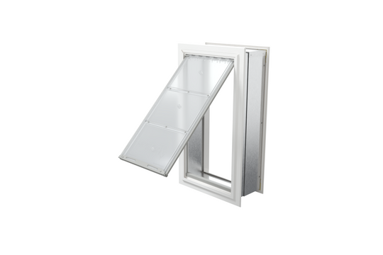 Angled view of an open, white Endura Flap single flap in wall dog door. This dog door in wall is a convenient pet door for wall.