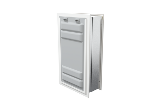 Angled view of a white endura flap pet door for wall with the locking cover. This secure wall dog door is a best dog door choice.