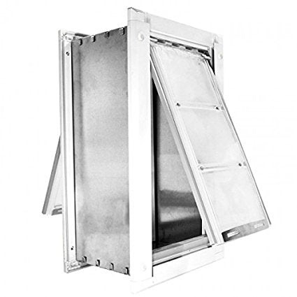An Endura pet door with a white frame and two clear flaps 