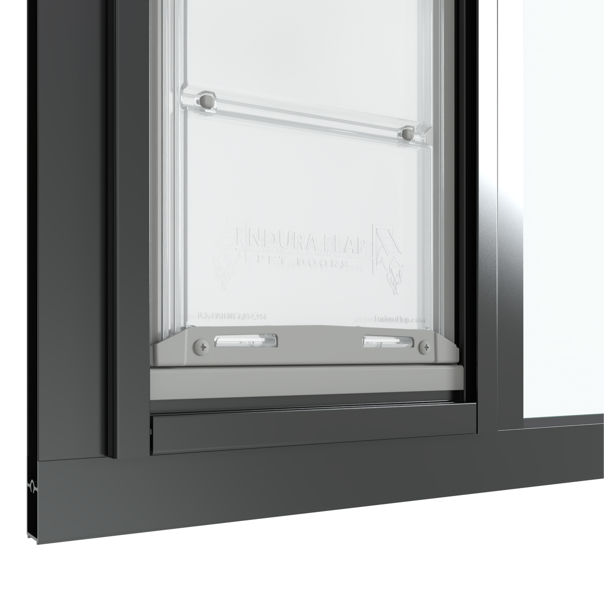 Close-up of the black Thermo Sash 3e pet door for sash window, focusing on the bottom closure and the rubber seal for sash windows, ensuring insulation and weatherproofing for this window pet door.