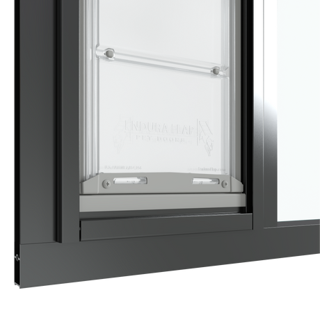 Close-up of the black Thermo Sash 3e pet door for sash window, focusing on the bottom closure and the rubber seal for sash windows, ensuring insulation and weatherproofing for this window pet door.