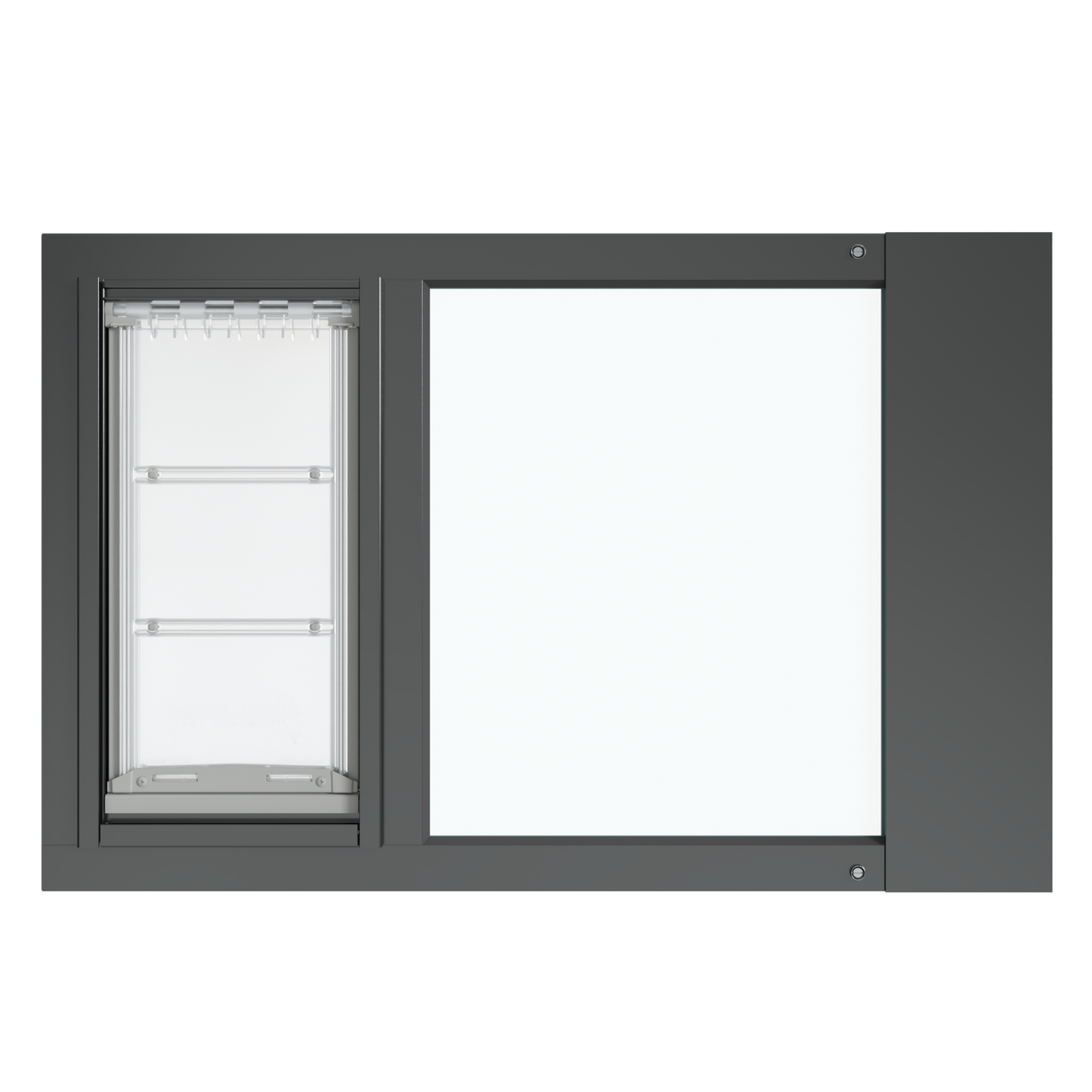Front view of the black Thermo Sash 3e, a cat door for windows, emphasizing the clear and simple design that complements any window. This is a secure and reliable cat door in window solution.