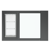 Front view of the black Thermo Sash 3e, a cat door for windows, emphasizing the clear and simple design that complements any window. This is a secure and reliable cat door in window solution.