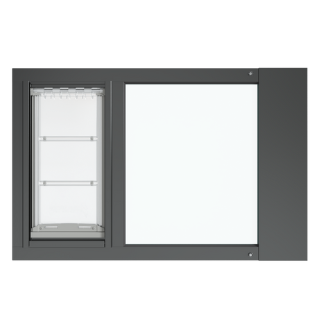 Front view of the black Thermo Sash 3e, a cat door for windows, emphasizing the clear and simple design that complements any window. This is a secure and reliable cat door in window solution.