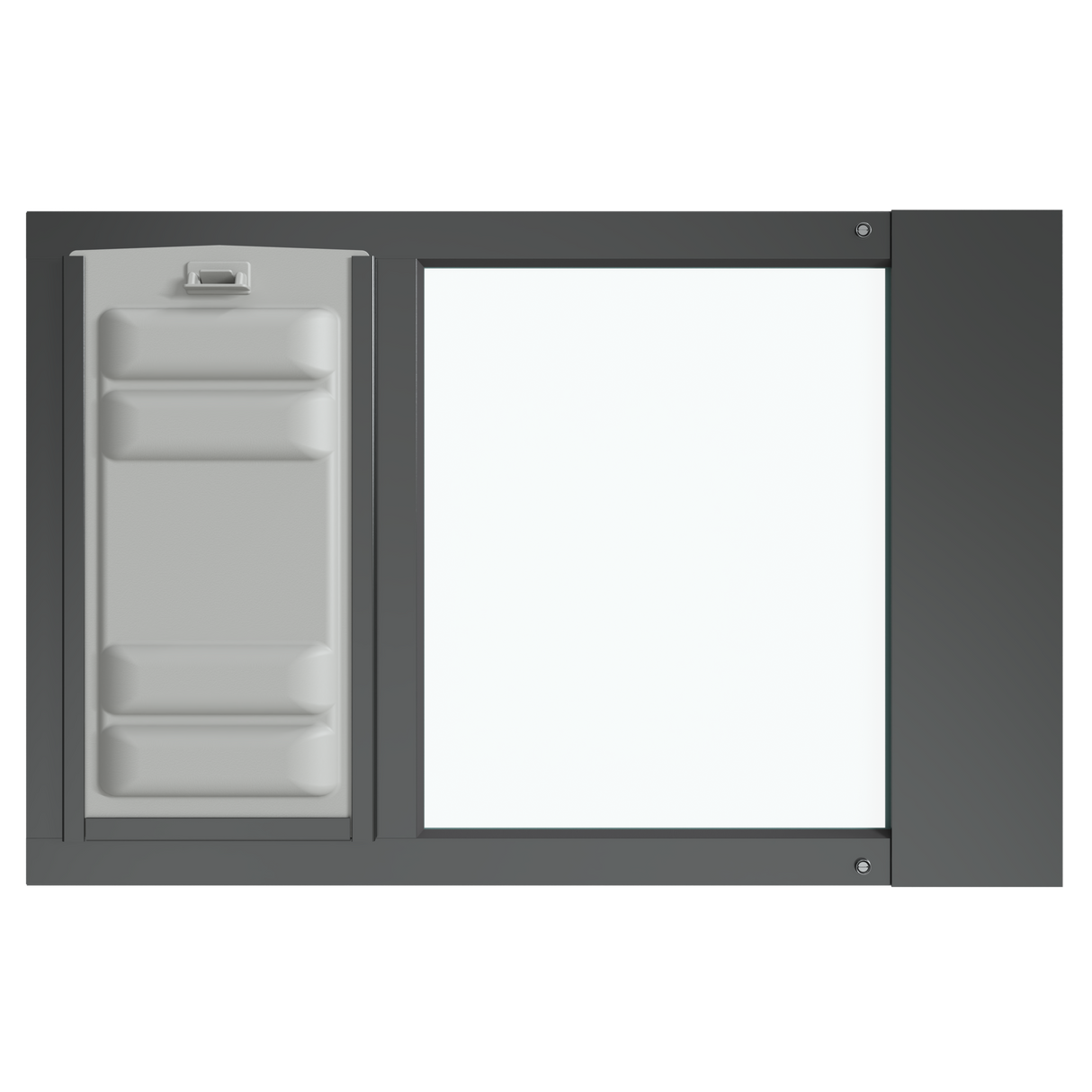 Black Thermo Sash 3e cat door window insert, showcasing the locking cover feature for enhanced security. This window cat door offers both convenience and peace of mind.