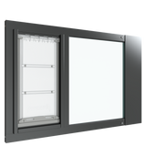 Thermo Sash 3e window pet door in black, emphasizing the sleek design of this cat window door and its seamless integration with sash windows. Features a secure and adjustable cat door for window.