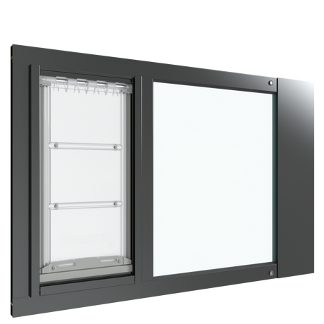Thermo Sash 3e window pet door in black, emphasizing the sleek design of this cat window door and its seamless integration with sash windows. Features a secure and adjustable cat door for window.