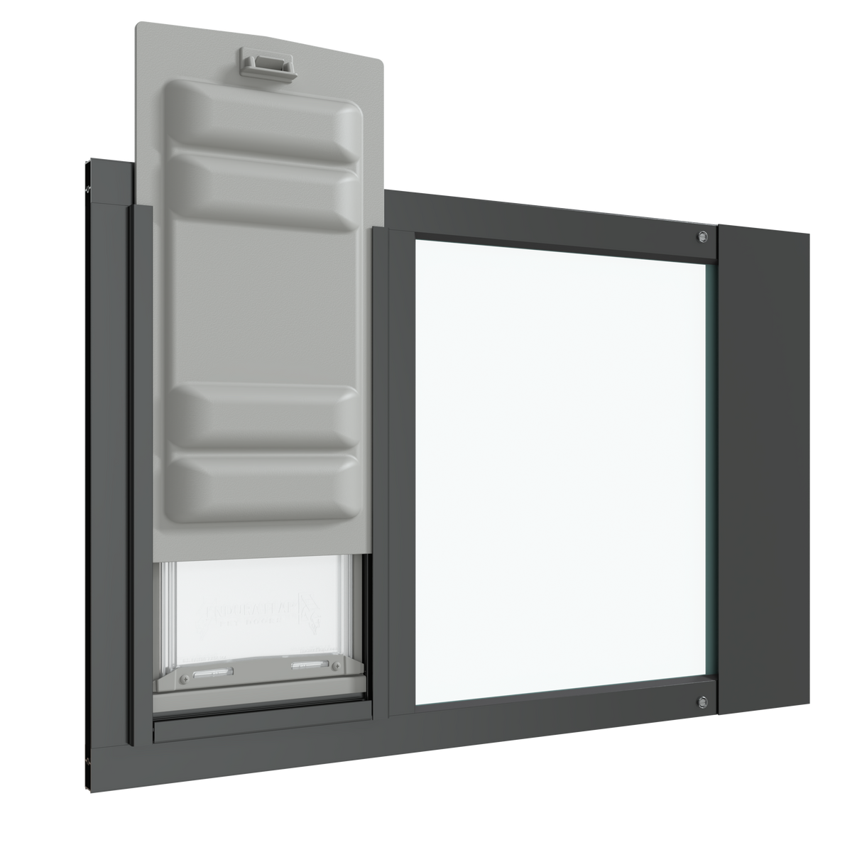 Angled view of the black Thermo Sash 3e cat door for sash window with the locking cover in the up position. This adjustable cat door for window provides a secure and insulated pet window solution.