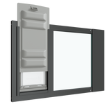 Angled view of the black Thermo Sash 3e cat door for sash window with the locking cover in the up position. This adjustable cat door for window provides a secure and insulated pet window solution.