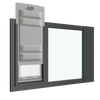 Angled view of the black Thermo Sash 3e cat door for sash window with the locking cover in the up position. This adjustable cat door for window provides a secure and insulated pet window solution.