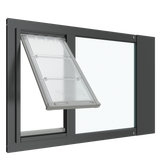 Black Thermo Sash 3e pet door for window, open view, showing the cat door for window and window cat door functionality. This insulated cat door is perfect as a cat door insert for sash windows.