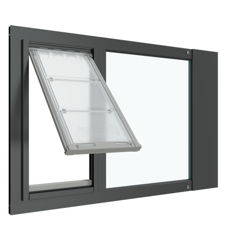 Black Thermo Sash 3e pet door for window, open view, showing the cat door for window and window cat door functionality. This insulated cat door is perfect as a cat door insert for sash windows.