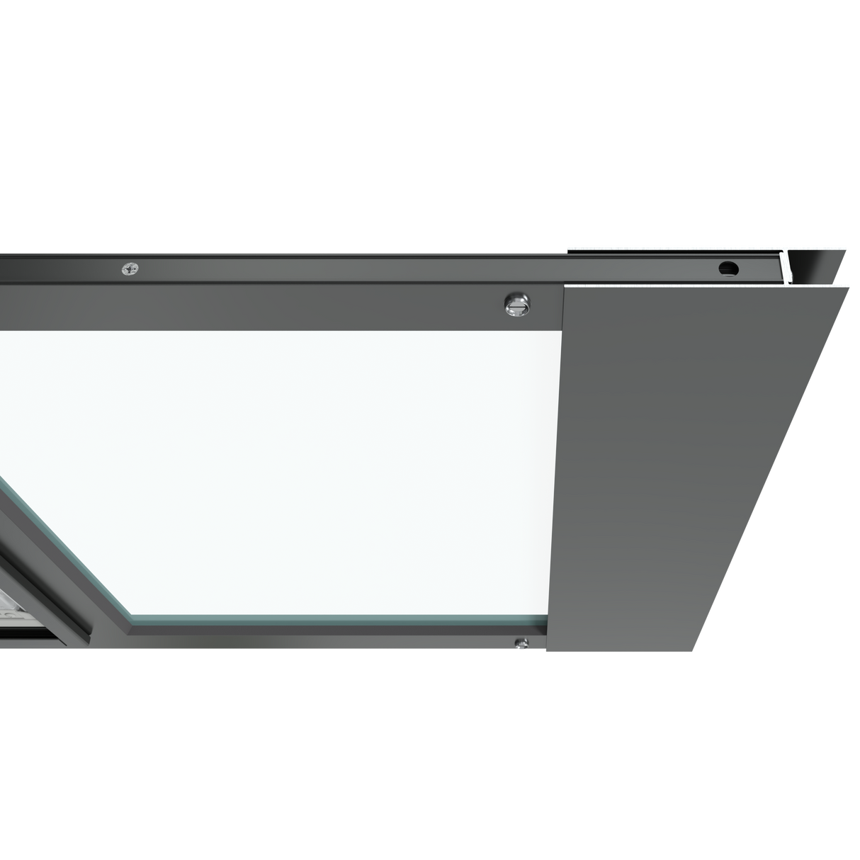 Top close-up view of the black Thermo Sash 3e, a window pet door, highlighting the secure and snug fit within a sash window. This cat door for a window ensures a weather-tight seal.