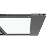 Top close-up view of the black Thermo Sash 3e, a window pet door, highlighting the secure and snug fit within a sash window. This cat door for a window ensures a weather-tight seal.
